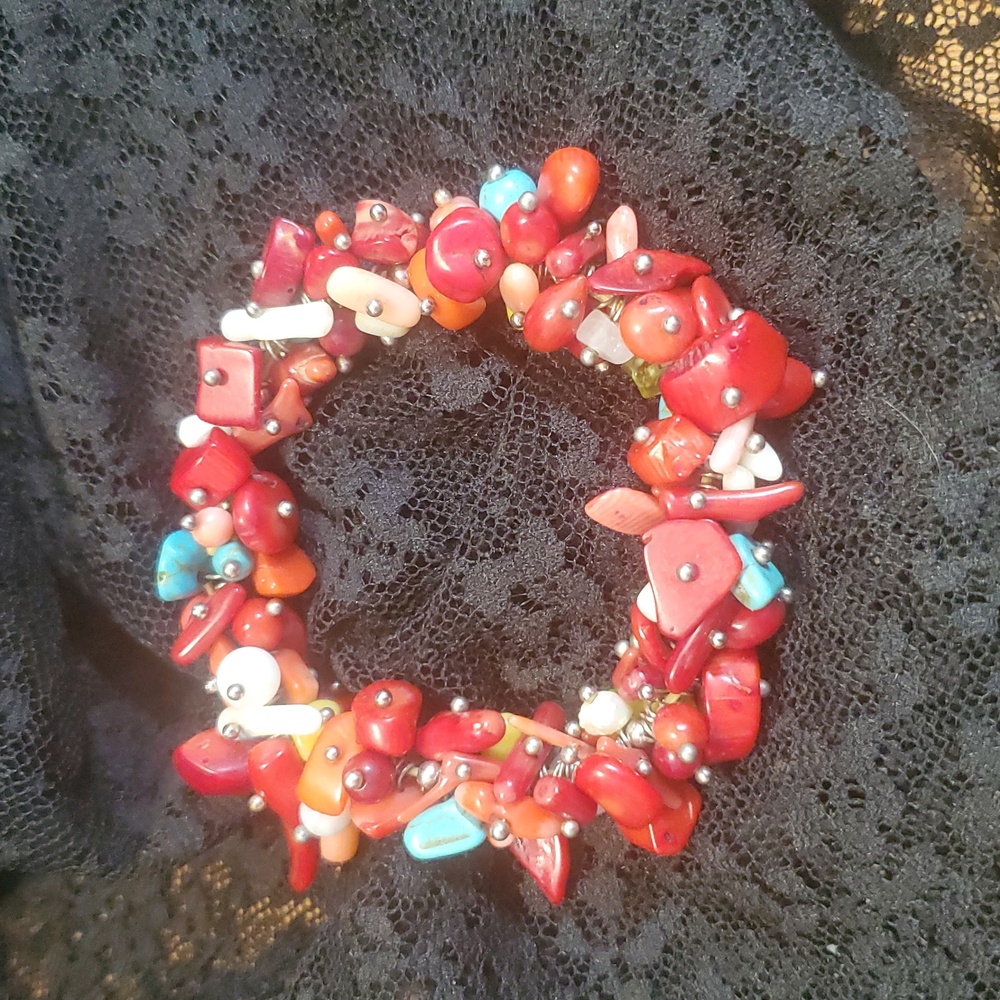 Colorful Beaded Bracelet Turquoise, Coral, MOP.  DD